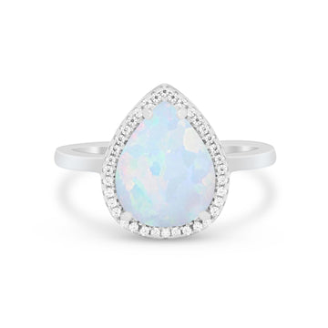 Halo Teardrop Wedding Ring Pear Round Lab Created White Opal 925 Sterling Silver